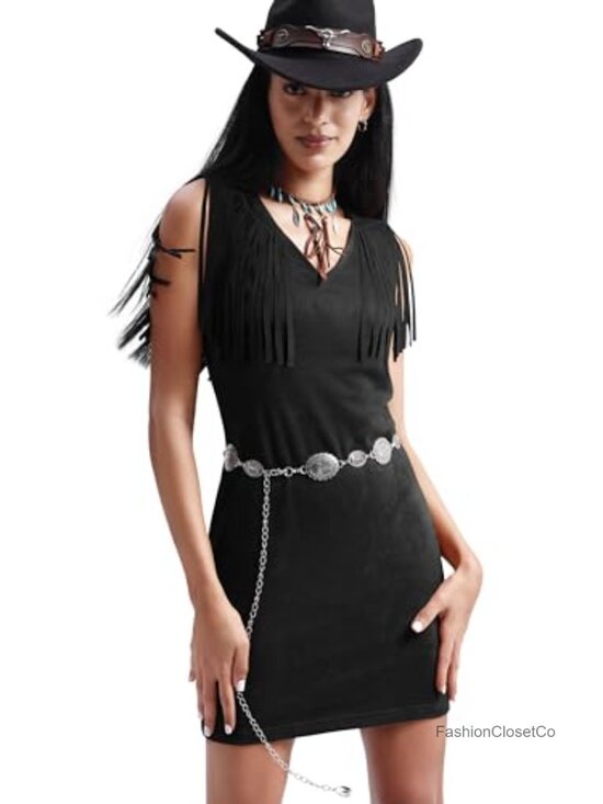 Dresses & Skirts - Fringe Vest Dress Faux Suede V Neck A Line Mini Western Cowgirl Slight Stretch